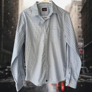 UNTUCKit Stellenbosch WF Men's M Slim Fit Dress Shirt Light Blue Check Plaid